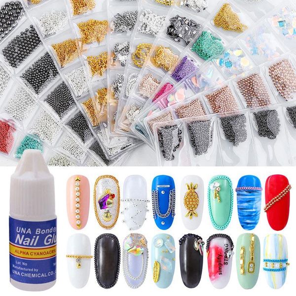 

nail art kits 6 pcs/box 3d diy concise metal chains with 3 gram glue delicate nails decoration accesorios -vl16