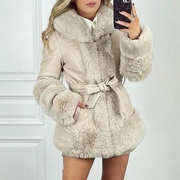 

women's leather & faux berry fashion detachable fur collar jackets women elegant tie belt patchwork coats solid pu slim ladies, Black