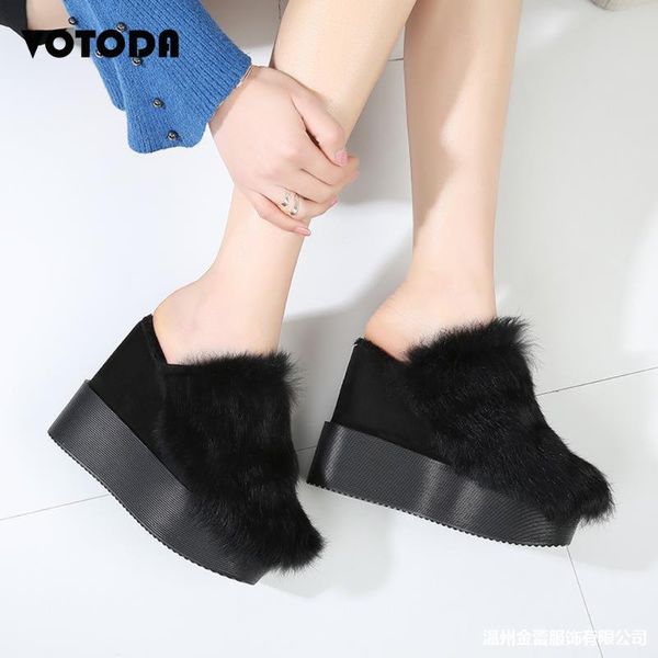 

winter women platform shoes wedge slippers 14cm high heel mules fur flip flop outdoor casual soft warm woman furry slides, Black