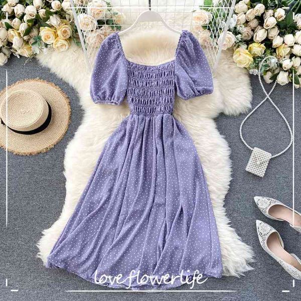 

summer casual sweet puff sleeve floral print dress a-line square collar short mid-calf lady dress 210521, Black;gray
