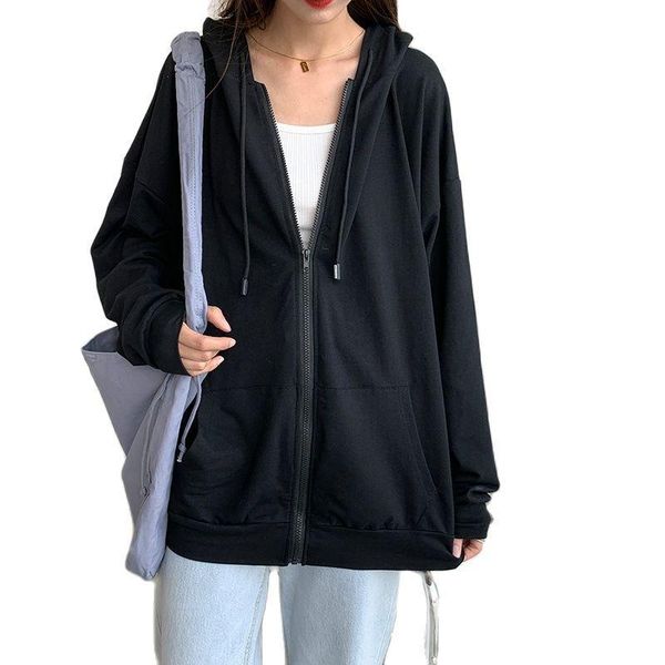 

women's hoodies & sweatshirts harajuku korean version loose thin long-sleeved hooded sun protection coat solid color retro shirt studen, Black
