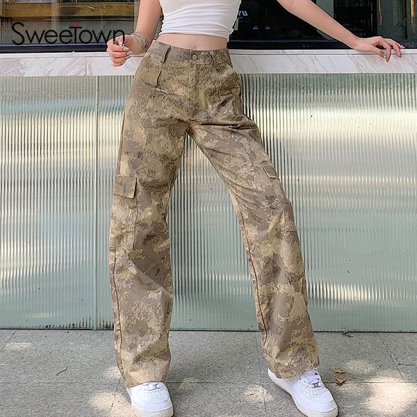 

sweetown summer camouflage womens straight pants high waist casual loose cargo pants streetwear trousers female fashion outfits, Black;white