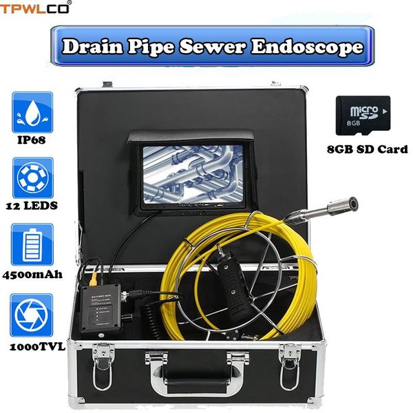 

cameras industrial camera 23mm with 12pcs leds 7" color tft display drain pipe sewer endoscope video dvr recording 20-50m cable
