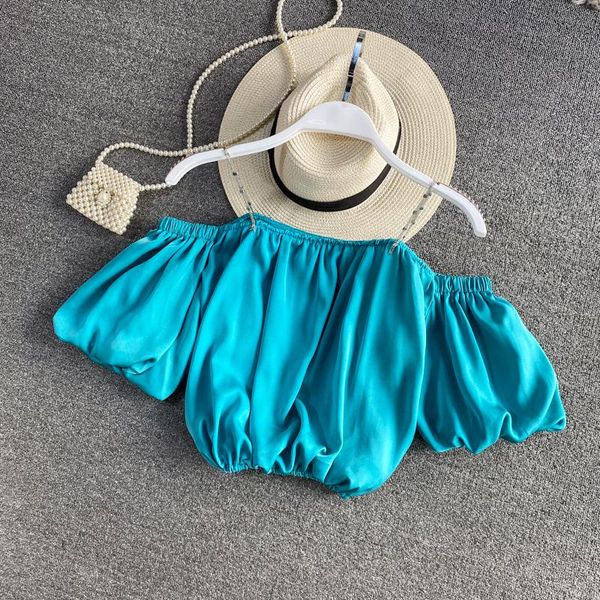 

women's blouses & shirts chic puff sleeve pleated slim fit 2021 short all-match women blouse fresh sweet femme blusas, White