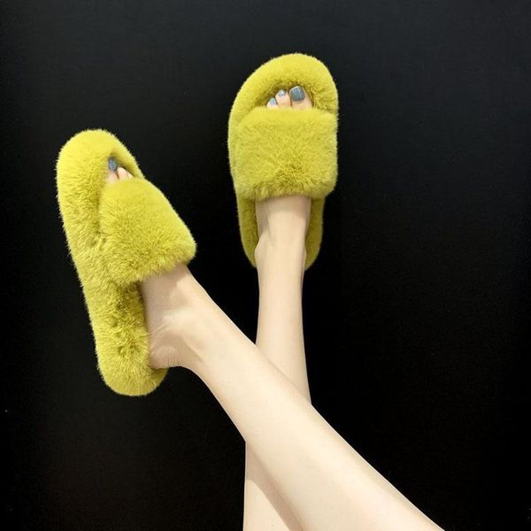 

women fur slippers winter slides fluffy furry sandals woman flip flops home ladies plush shoes drop ship, Black