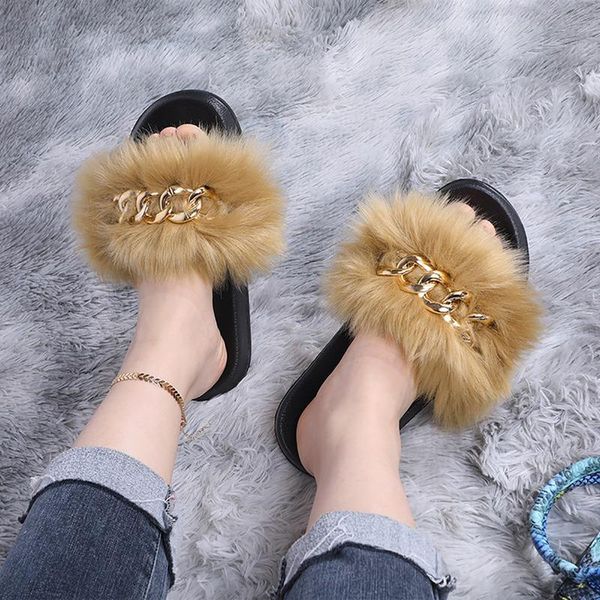 

slippers faux fur women furry fluffy outdoor indoor home flat shoes female casual flops slides dropshopping, Black