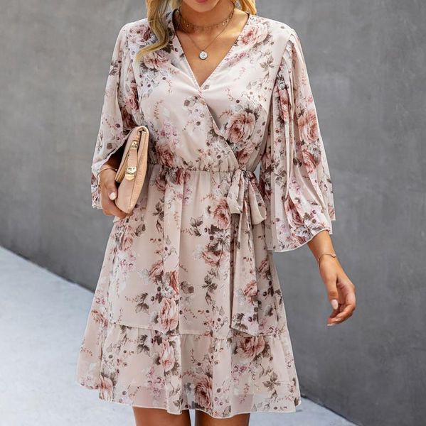 

boho style floral print pleated dress women long sleeve v-neck casual sundress ladies dresses beach ropa mujer skirts, Black
