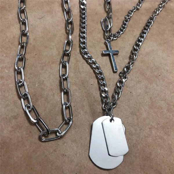 

chains cold wind in europe and the personality hip-hop collarbone chain multilayer cross necklace metal stainless steel trendy lovers, Silver