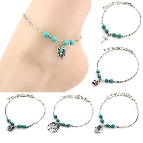 

6 styles bohemian turquoise anklets women beach foot chains cross tree turtles conch fatima's hand anklet for ladies fashion jewelry, Red;blue