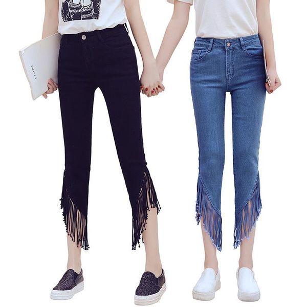 

tassel jeans women 2021 s elastic skinny pants female streetwear high waist blue black student casual women's