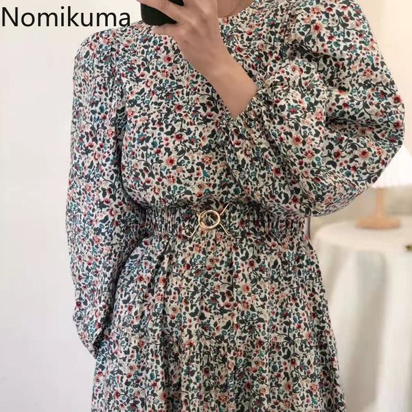 

nomikuma floral dresses vintage puff sleeve korean elegant slim waist women dress causal o-neck a-line midi vestido femme 6e382 210427, Black;gray