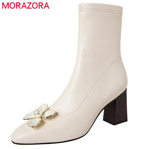

boots morazora 2022 high heels party wedding shoes women ankle flower zip winter fashion slim stretch, Black