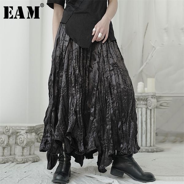 

[eam] high elastic waist black pleated irregular long temperament half-body skirt women fashion new spring autumn 1u965 210319