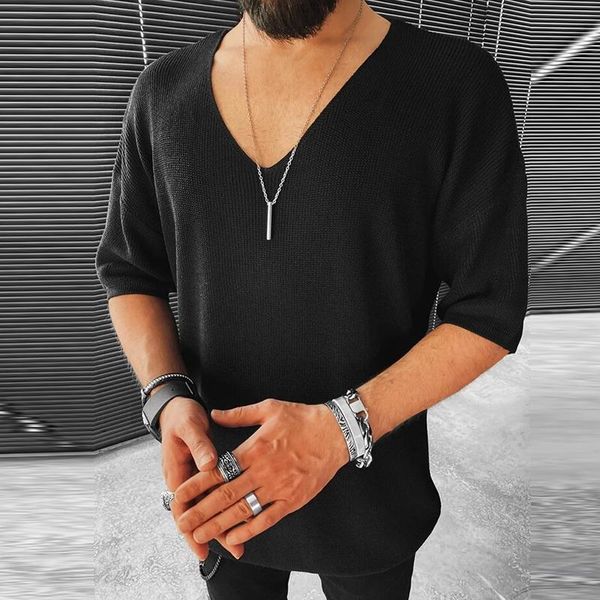

men's sweaters 2021 men autumn casual loose jumper summer short sleeve v-neck knit sweater solid male fashion pullover streetwear, White;black