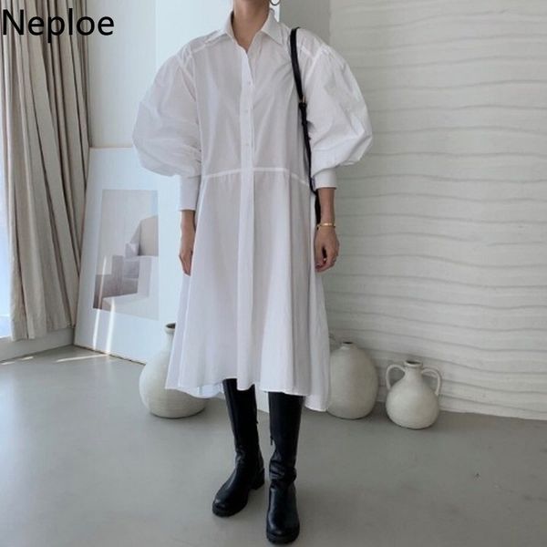 

neploe dress women temperament white shirt dresses korean spring turn down collar loose puff sleeve chic vestidos mujer 4h464 210422, Black;gray