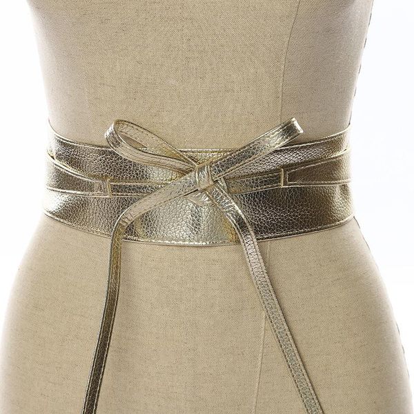 

fashion spring autumn women lady metallic color soft faux leather wide belt self tie wrap around sequins dress belts, Black;brown