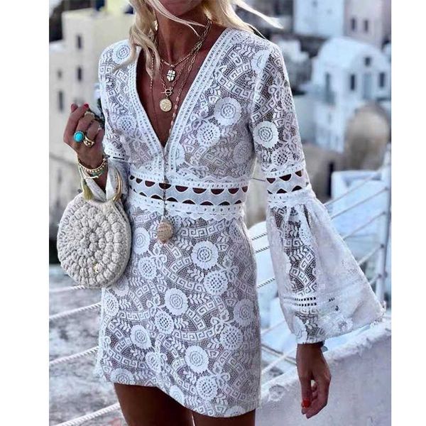 

women's 2021 v-neck white hollow lace drs skirt, Black