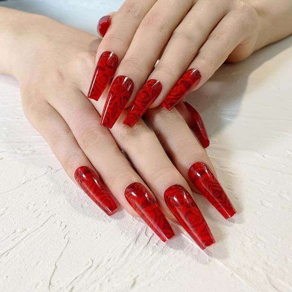 

false nails 24pcs red wine wear long paragraph fashion manicure patch save time wearable jelly nail ey669, Red;gold