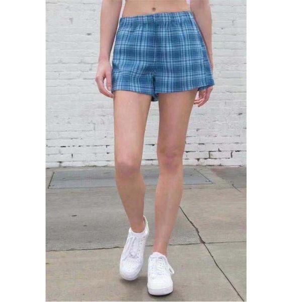 

women's shorts 2021 summer retro harajuku blue plaid pocket for women punk casual loose elastic band high waisted streetwear, White;black