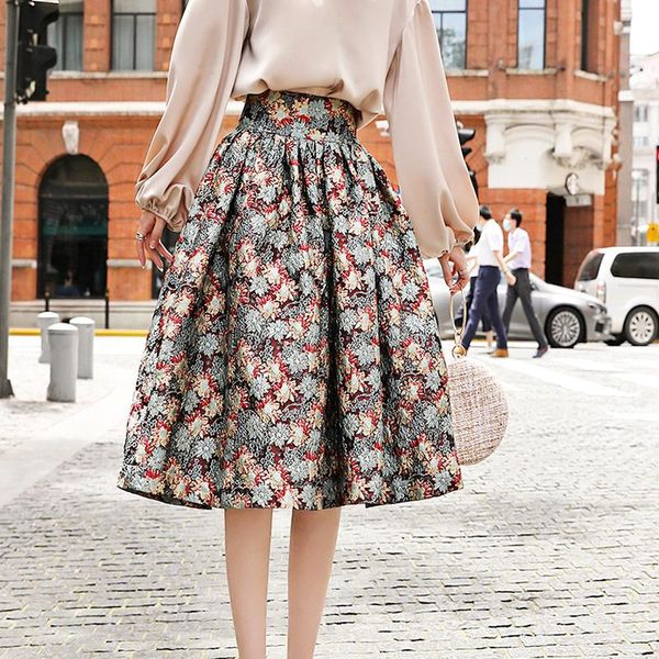 

skirts ladies jacquard flower ball gown long summer skirt women clothes vintage print high waist puffy bud beach boho female, Black