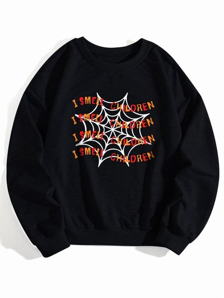 

plus spider web & slogan graphic drop shoulder pullover p0bk#, Black