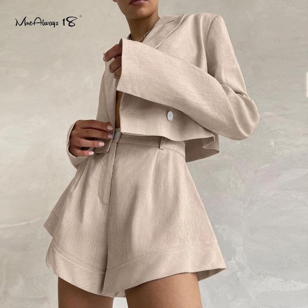 

women's tracksuits mnealways18 linen ladies khaki 2 pieces cropped blazers with shorts women long sleeve suit casual flare set female o, Gray