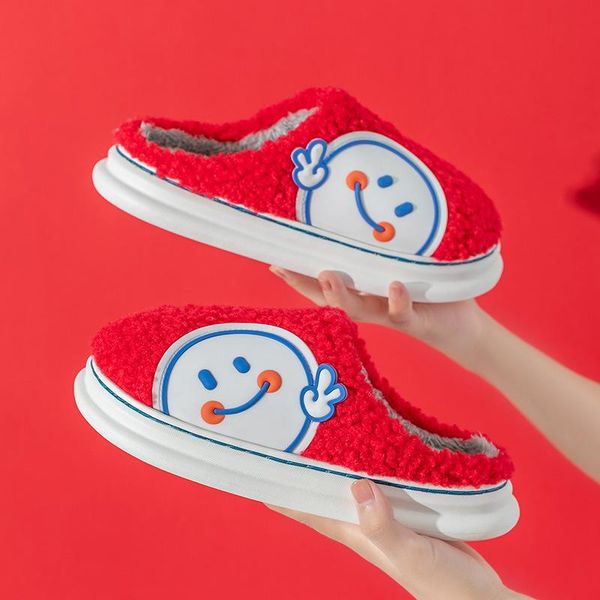 

slippers short plush female winter dormitory indoor cartoon thick-soled warm shoes fluffy red lovers home all-match slippe, Black