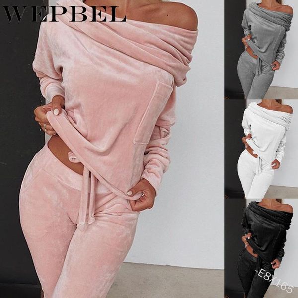 Femininas WePbel WePbel Mulheres Velvet Terno Casual Track Suites Slash Decote Manga Longa Senhoras Esportes Primavera Outono Inverno Slim