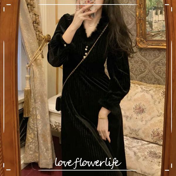 

fur neck elegant vintage dress women long sleeve french office lady midi dress female spring fashionone piece dress korean 210521, Black;gray