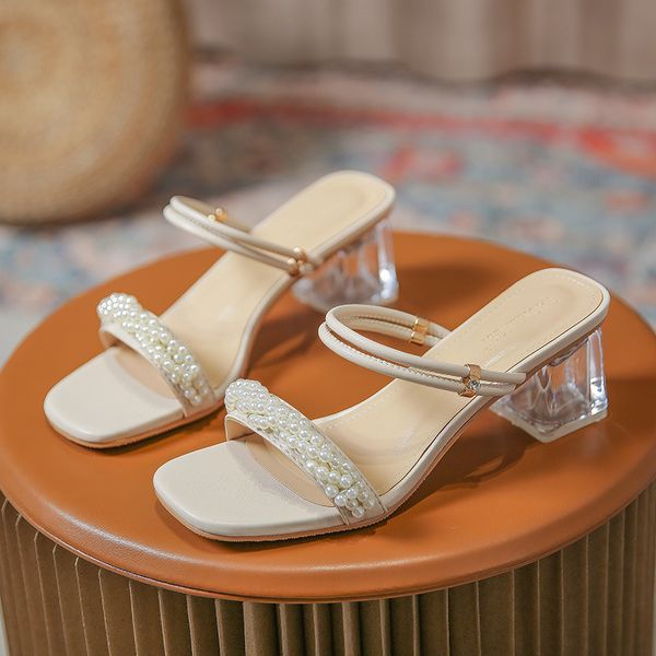 

summer new net red fashion crystal heel character high-heeled sandals daily two wear versatile pearl word belt outlet black friday