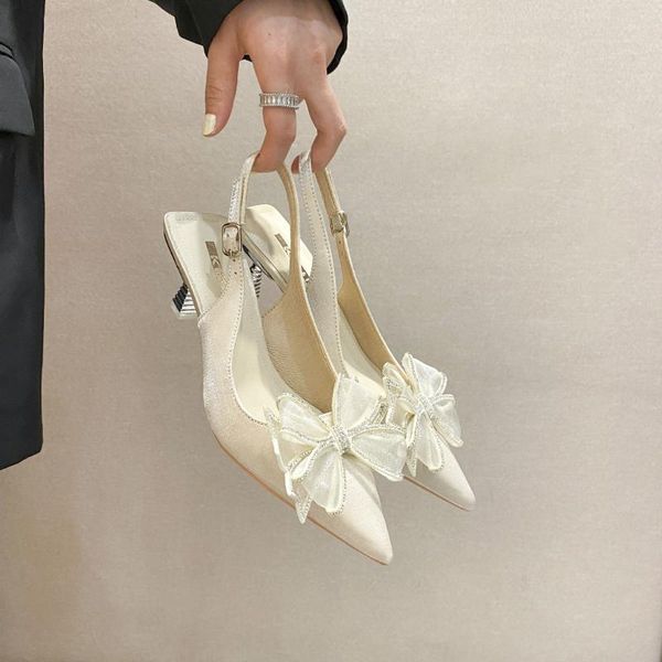 

dress shoes 2021 women butterfly knot pointed toe high heel sandals female temperament mesh rhinestone casual, Black
