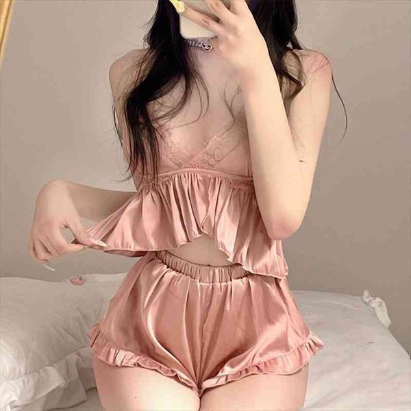 

summer pajamas set nightwear women sleepwear lingerie two piece underwear lace ruffled satin silk and shorts, Black;red