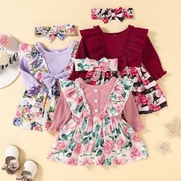 

girl's dresses infant toddler baby kids girls dress set 2pc long-sleeves suspender dress+ headband floral christmas halloween, Red;yellow