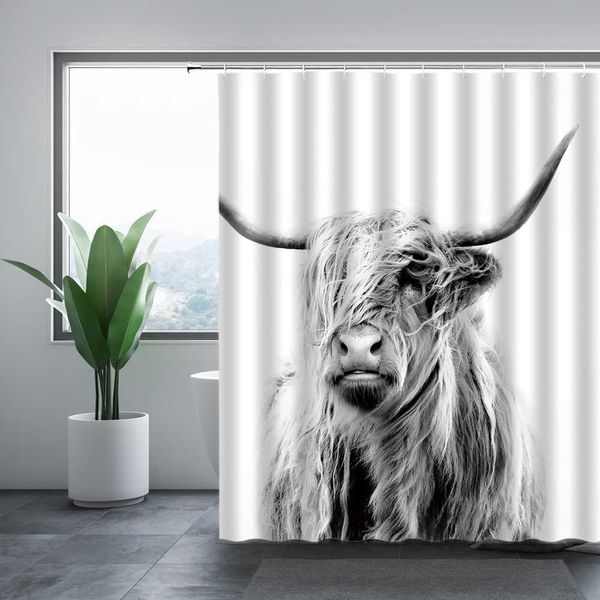Моющаяся душевая занавеска Highland Cow 3D Print Водонепроницаемая ткань Дикая природа Ванная комната Занавески Животные Ванна Декор с крючками 210609