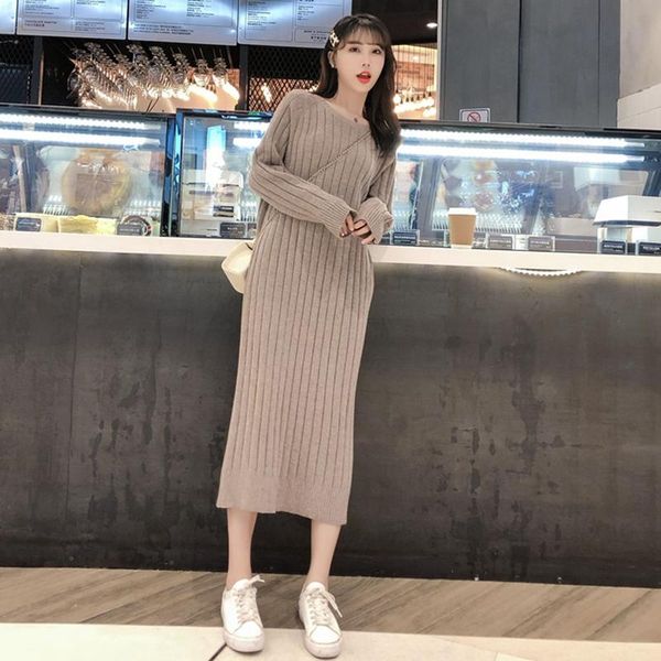 

casual dresses yamdi warm thick knitted winter pollover sweater dress women solid jumper loose 2021 autumn woman vestidos, Black;gray
