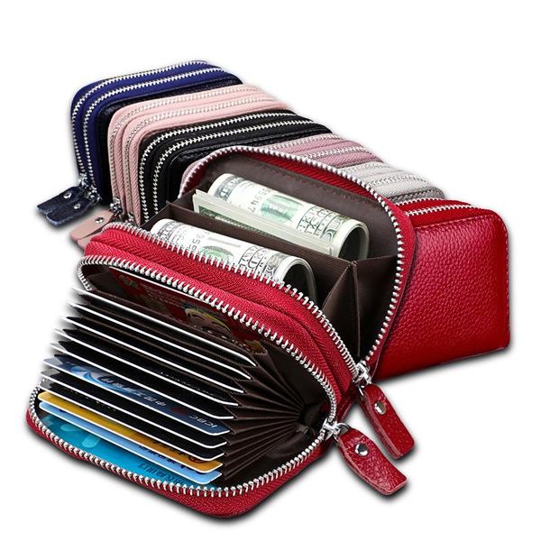 

card holders genuine leather rfid women's zipper wallet small change purse for female short wallets with woman, Brown;gray