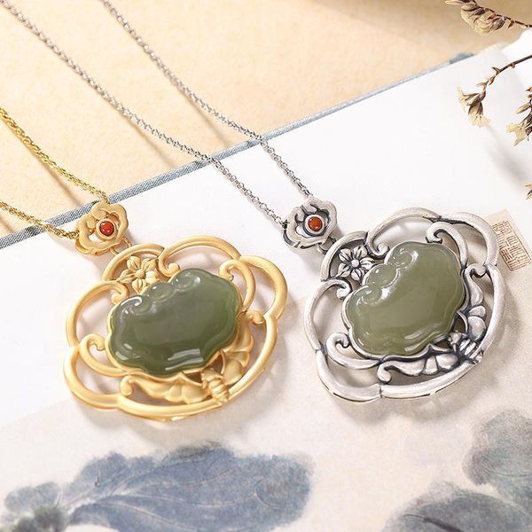 

chains independent design natural hetian jade gold and silver hollow necklace pendant luxury exquisite lady jewelry