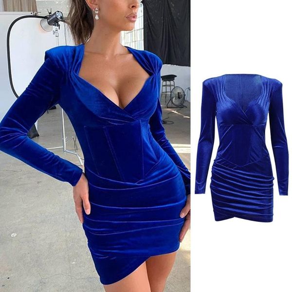 

women long sleeve v-neck shoulder padded ruched wrap velvet bodycon mini dress mxma casual dresses, Black;gray