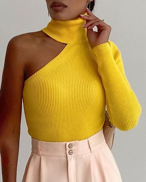 

women's t-shirt knit t shirts women high neck one shoulder skinny top, White