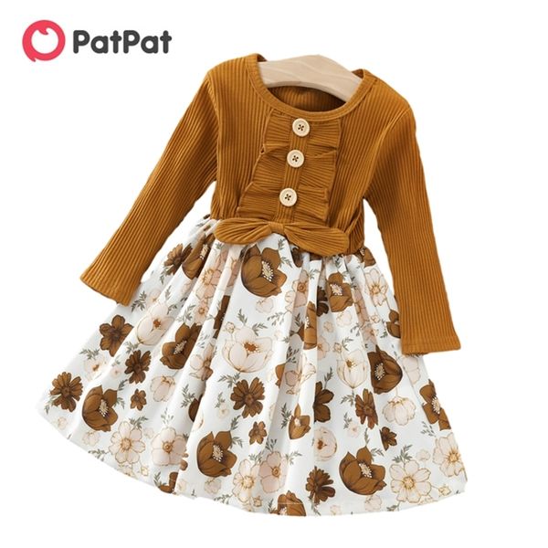 Ankunft Frühling und Herbst Baby Kleinkind Mädchen Blumendruck Splice Langarm Kleid Kinderkleidung 210528