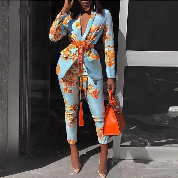 

women's two piece pants autumn print slim long sleeve blazer suit fashion jacket high waist pencil, White