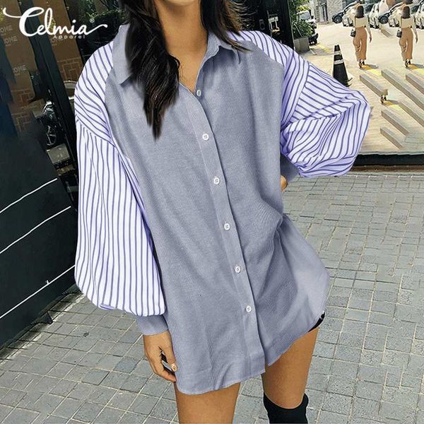

blouses fashion celmia women's blouses casual long sleeve striped patchwork vintage shirts 2021 autumn female elegant office blusas, White
