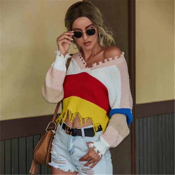 

womens colors splicing sweaters fashion trend long sleeve v-neck tassel pullover short designer female spring casual loose sweater, White;black