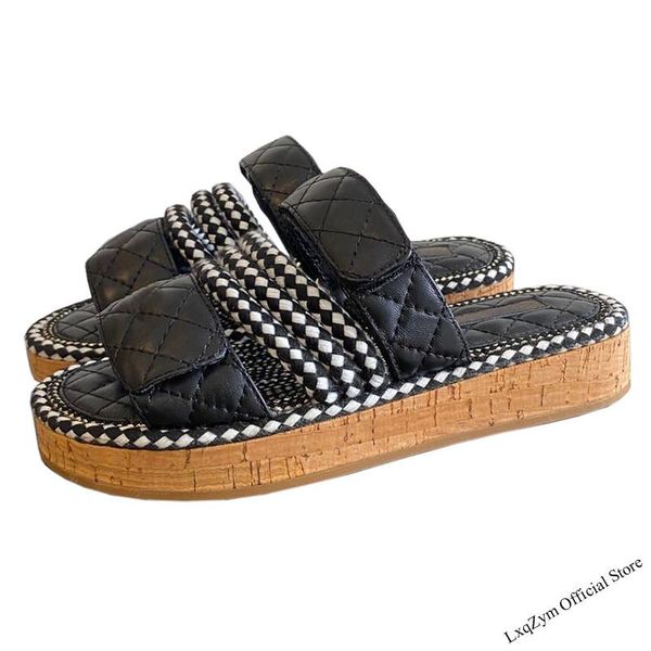 

thick sole casual flat sandals leather brand women open toe platform gladiator flip flop summer fashion beach shoes woman slippers, Black