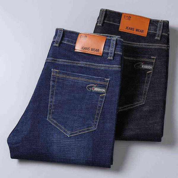 

stretch easy to wear high waist trousers in autumn busins straight jeans men's, Blue