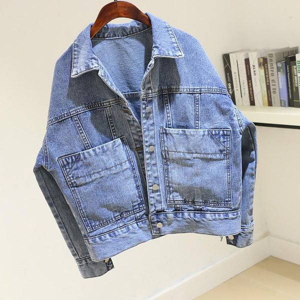 

women's jackets vintage big pocket denim jacket 2021 spring autumn korean long sleeve blue jeans loose student harajuku outwear g266, Black;brown