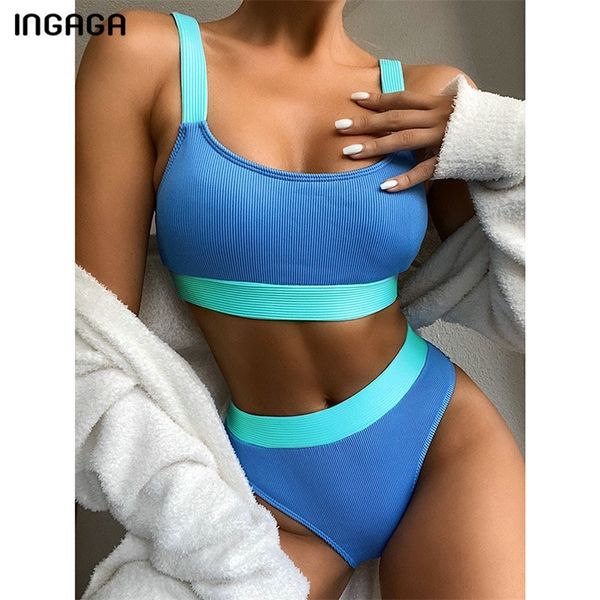 

ingaga high waist bikinis 2021 swimsuits bandeau swimwear women splicing biquini beachwear sports ribbed bathing suits new 210319, White;black
