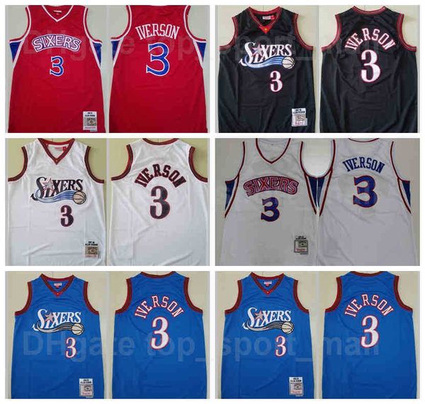

men mitchell and ness basketball allen iverson jersey 3 vintage black white red blue team color home breathable pure cotton high quality, Black;red
