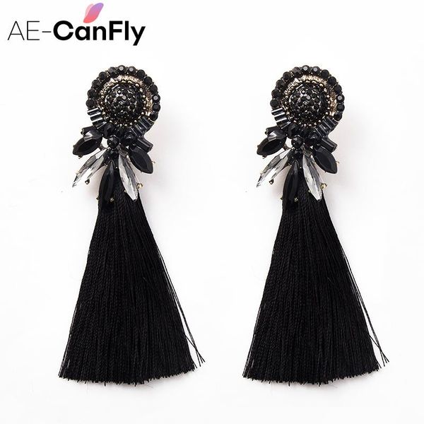 

ae-canfly bohemia europe fashion crystal long dangle tassel earrings for women boucle d'oreille & chandelier, Silver