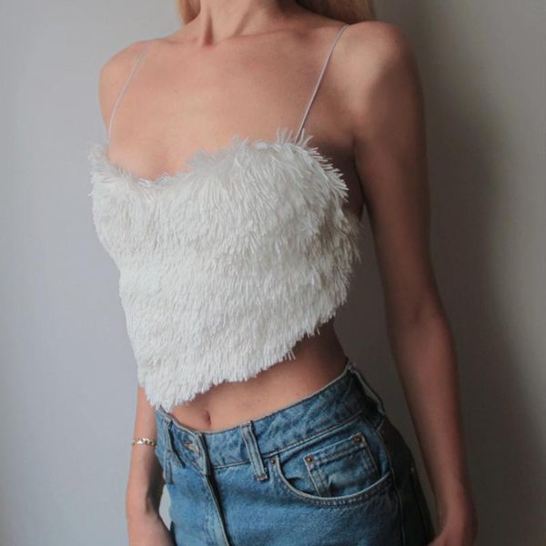 

fluffy tank women backless tie up spaghetti straps v neck crop lady casual bustier fashion club party wear women's tanks & camis, White